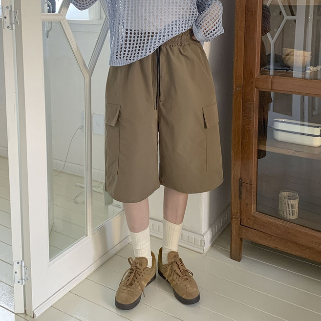 앤샵 [남녀공용/당일출고] 벨뷰 와이드 루즈핏 카고 밴딩 버뮤다 팬츠 (4color)