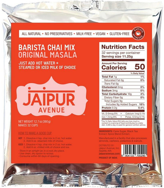 Jaipur Avenue Barista 차이 티 믹스 - 오리지널 마살라 (우유 없음) - 비건 방부제 프리 글루텐 프리 유제품 프리 정통 마살라 차이 티 라떼 - 36, Original Masala