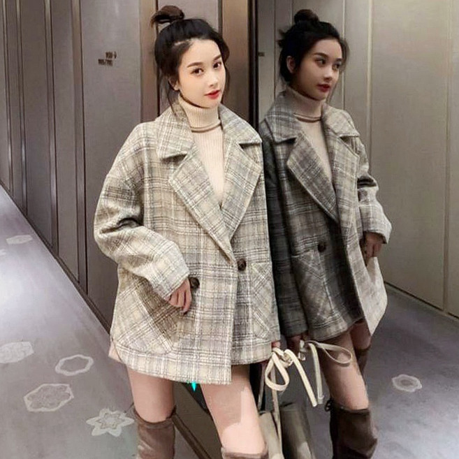 格子西裝外套女2021秋冬新款寬鬆小個子百搭短款洋氣加厚大衣