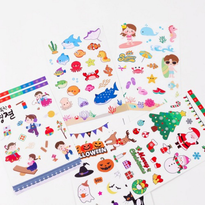 잘라쓰는 스티커 6종 세트 바다생물 명절 할로윈 크리스마스 카네이션 유아 초등 만들기 퍼니스쿨, 1개, 6. 카네이션