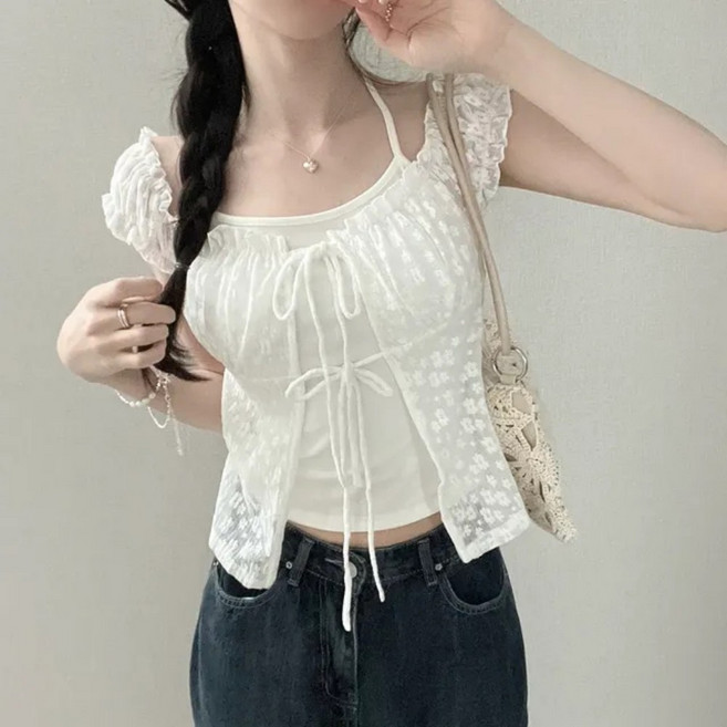 레티고 플라워 레이스 홀터넥 스트랩 페이크 반팔 블라우스