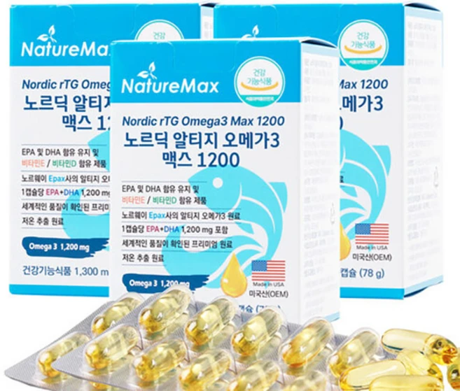 냄새없는 노르딕 알티지 오메가3 맥스 1200 역대급 DHA+EPA 1200mg (180년 전통의 노르웨이 EPAX 원료), 60정, 3개 - 쿠팡