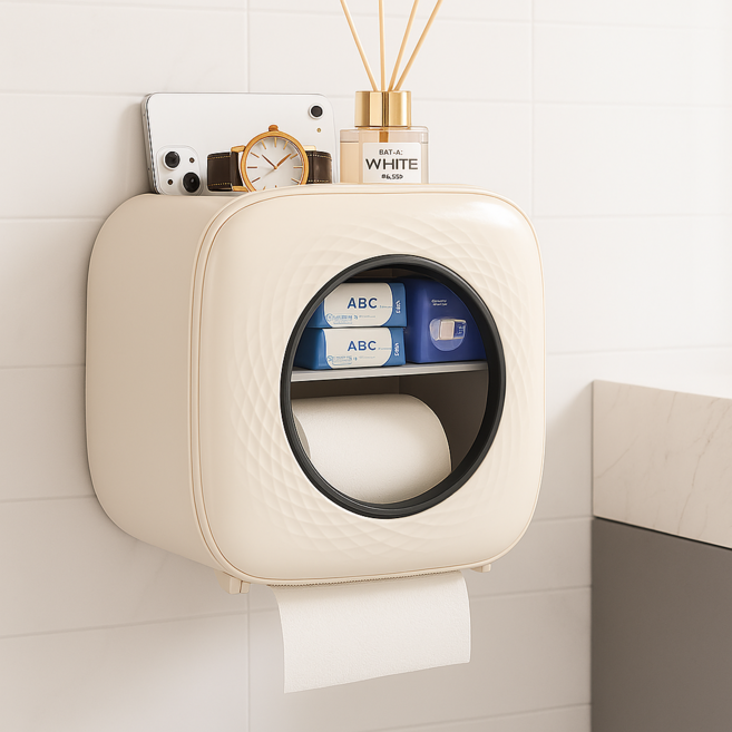 하스몰 모던 무타공 스마트 휴지걸이 수납선반형, 라이트카키, 1개