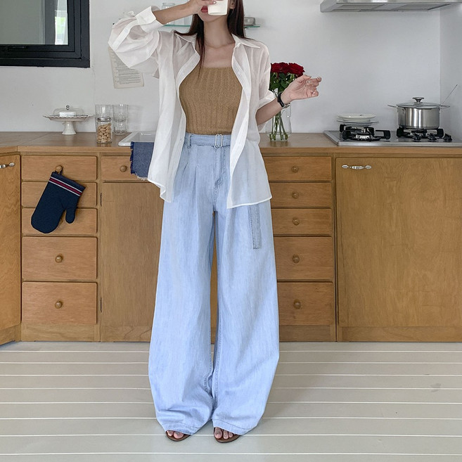 토마토팩토리 여성용 엘리즈 투핀턱 롱 와이드 데님 팬츠 핀턱데님 허리벨트 코튼청바지 엘리즈(2color)