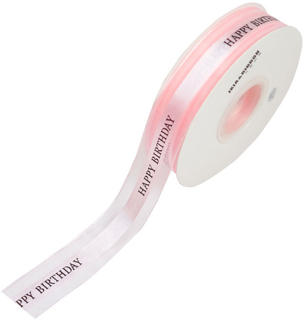 디어플레이스 해피벌스데이 쉬폰 리본끈 레터링 생일 포장끈 2.5cm, 1개, 45m, 03 크림핑크