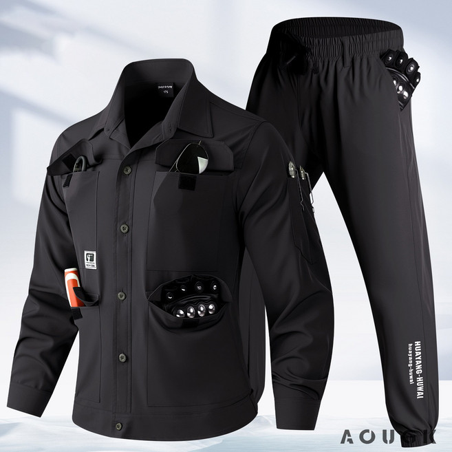 AOUGK 남성 작업복 스판버튼상의+바지세트 투피스세트 상하세트 용접복 수리복