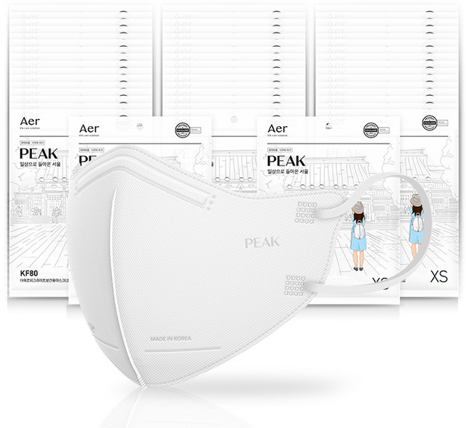 아에르 피크라이트 보건용 마스크 KF80 초소형, 화이트, 1개, 50개입