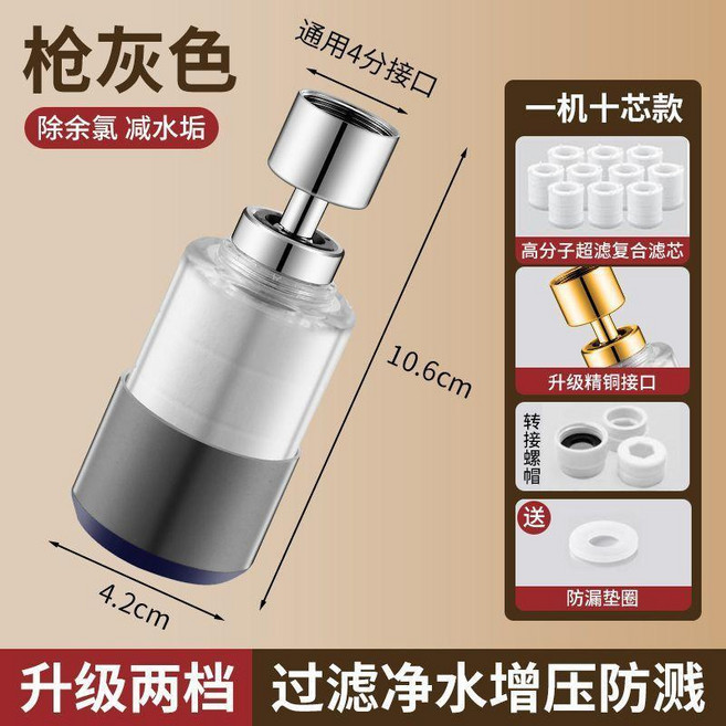 廚房水龍頭過濾器 淨水防濺 適用於自來水, 1個, 槍灰款防濺器+10個過濾棉-套裝