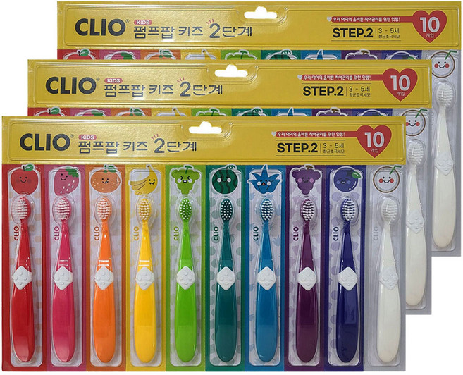 크리오 펌프팝 키즈 2단계 어린이 칫솔, 혼합색상, 10개입, 3개