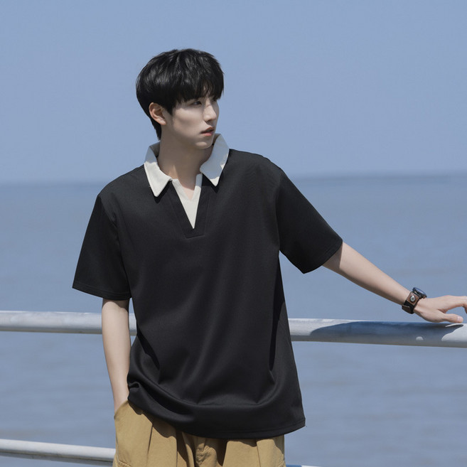 ANYOU 남성 오버핏 V넥 반팔 티셔츠 캐주얼 배색 2in1 투피스 디자인 티셔츠