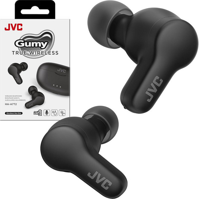 JVC Gumy 트루 와이어리스 이어버드 블루투스 5.3 충전 케이스 24시간 재생 IPX4 방수 XS/S/M/L 이어피스가 있는 편안하고 안전한 핏 통화 아이폰/, JVC 블랙
