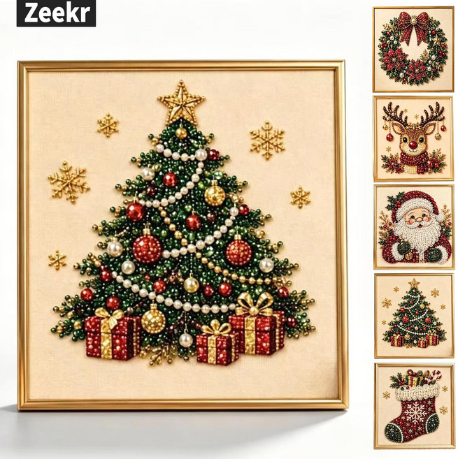 Zeekr 크리스마스 진주 보석십자수 DIY 키트 액자형 펄 비즈 다이아몬드 페인팅 성인 초보자 취미 만들기 벽장식 선물, DIY-크리스마스 트리