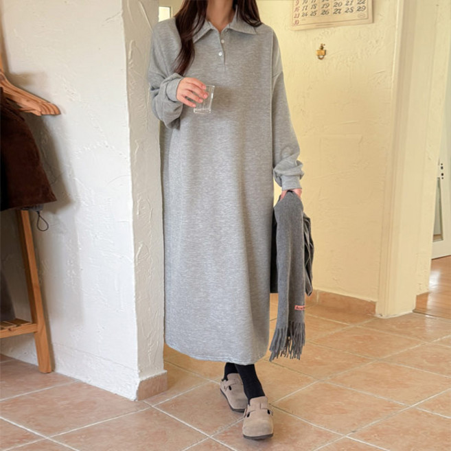 마이쏭 여성 빅사이즈 기모원피스 루즈핏 임부복 뮤트버튼카라롱원피스(기모)