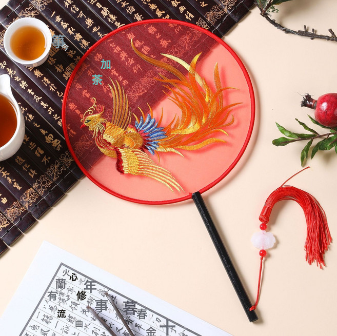 DIU 夏季新古風扇子蘇州雙面刺繡團扇舞蹈用國風漢服旗袍圓扇中國風, 1個, 刺繡扇-紅底火鳳凰:如圖
