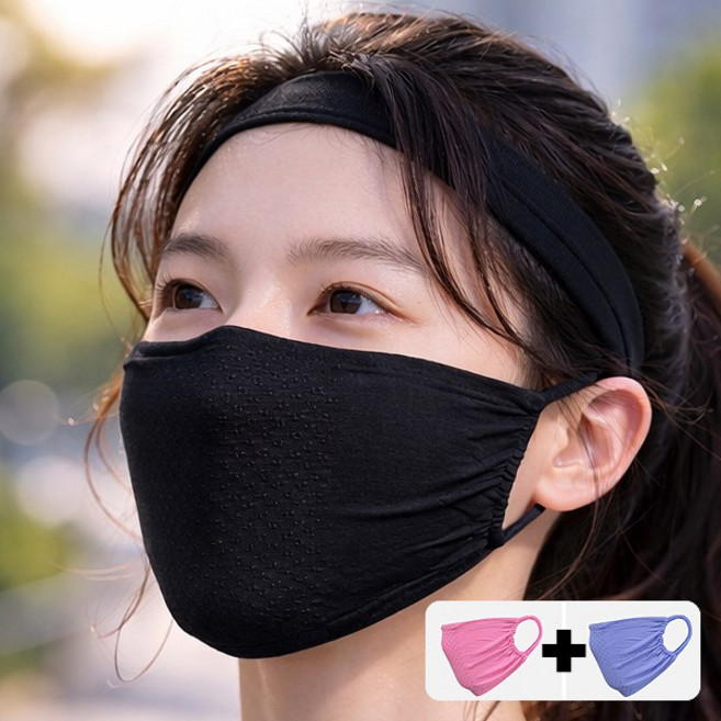 자외선차단 항균 러닝마스크 1+1 걷기 달리기 자전거, 1세트, 검정+검정