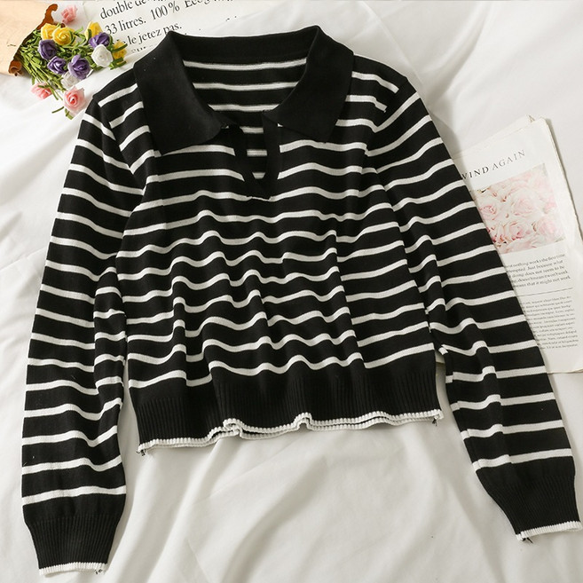 미니멀모다 여성 스트라이프 카라 브이넥 긴팔 니트