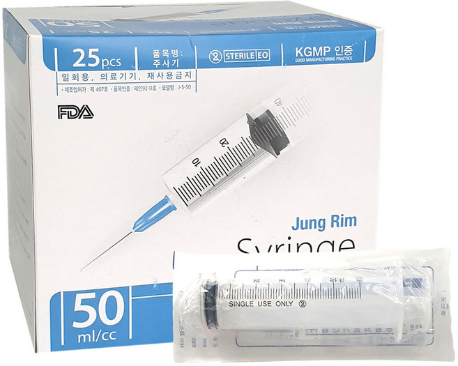 정림의료기산업 멸균 일회용 주사기 50ml 18G 38mm 25개입 의료용, 1박스