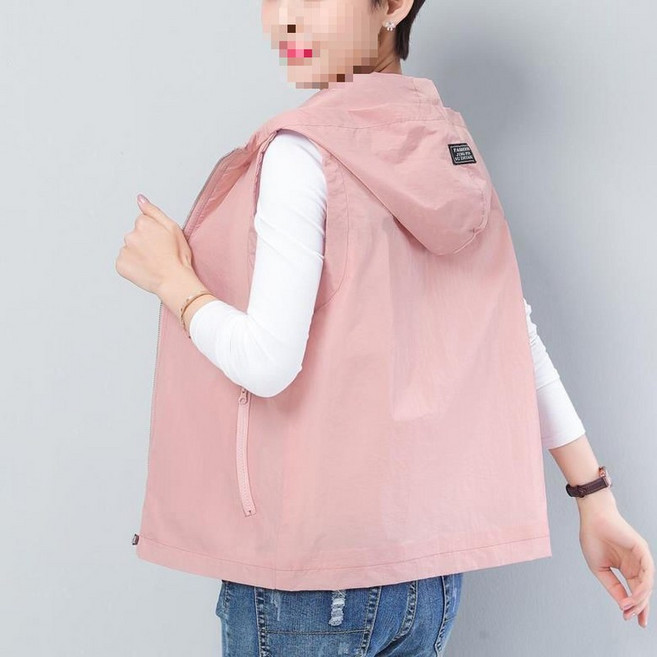 라부라카 여름 중년여성 후드 바람막이 조끼 빅사이즈 무지 얇은 루즈핏 집업 베스트 자켓 아웃도어 엄마룩