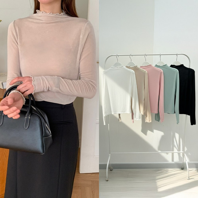 뮤앤뮤즈 [55-77] 텐셀 스판 여리 시스루 물결 티셔츠 얇은 폴라티 레이어드 프릴 목폴라