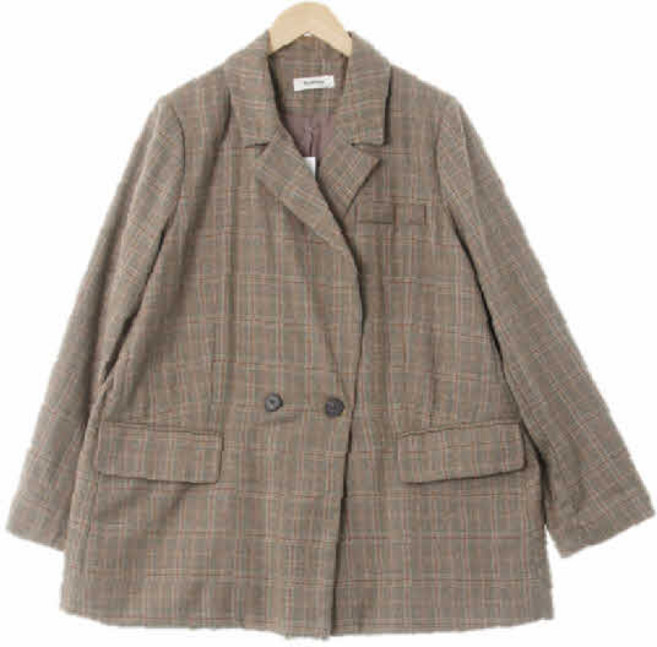 로미스토리 0459 라이트피넛브라운 체크 더블버튼오버핏미디자켓