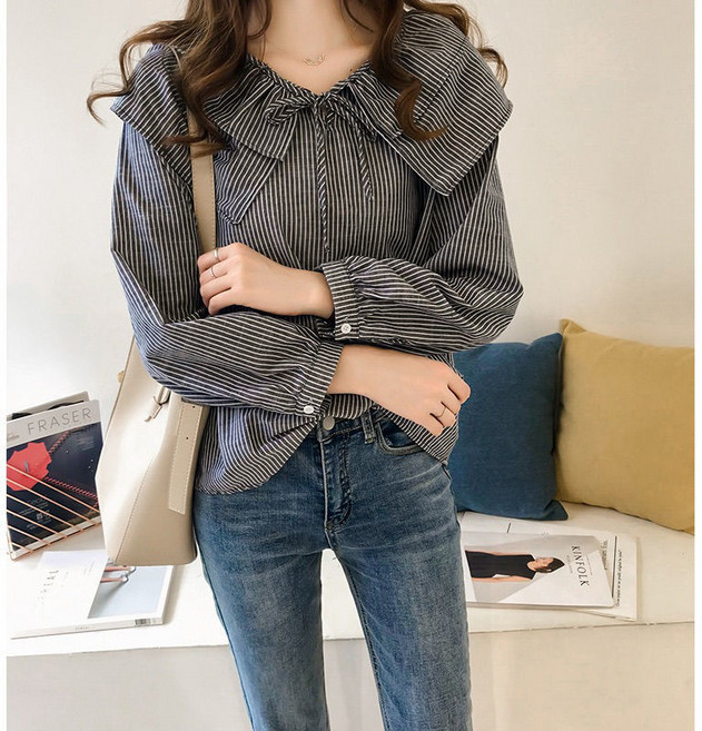 PETITBATH 여성용 스트라이프 세일러카라 리본 퍼프소매 블라우스 20250722 CS WH 4354