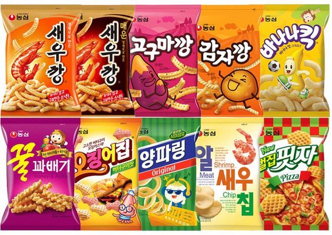 농심과자10종_새우깡+매운새우깡+고구마깡+감자깡+바나나킥+꿀꽈배기+오징어집+양파링+알새우칩+벌집핏자+그레잇물티슈(10매), 1세트