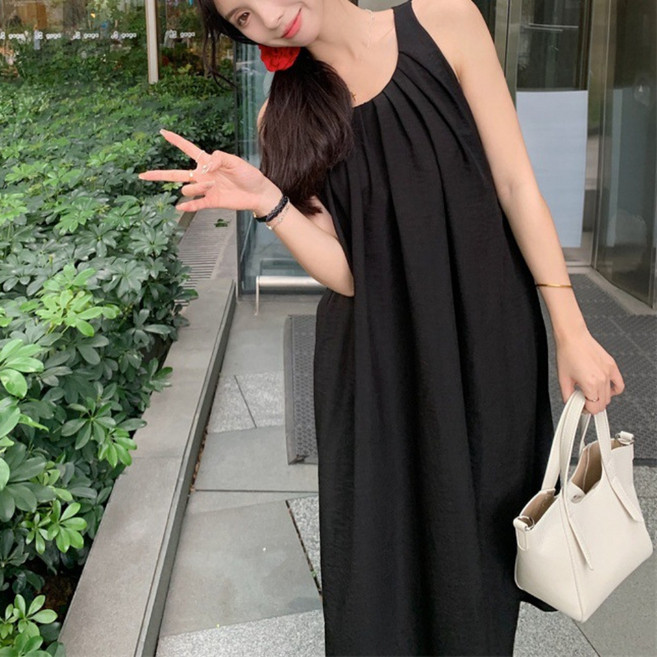 法式復古掛脖無袖連身裙 氣質長裙 韓系溫柔風露背洋裝, 黑色,XL