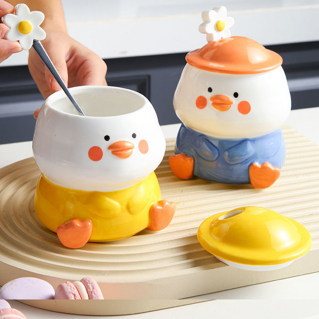 러블리 오리 커피잔 고퀄리티 도자기컵 개성머그컵 뚜껑스푼 학생 귀요미 물컵, 노란색, 1개