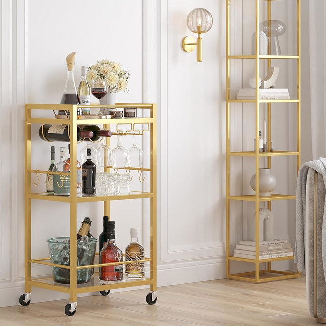 TUTOTAK 바 카트 3단 미러 선반이 주방 모바일 서빙 랙이 와인 음료 있는 BC01BB033 선반 골드, 3 tier（17"W), Gold