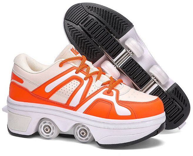 4륜 스케이트 컬러풀한 LED 조명 복열 스케이트 접이식 변형 바퀴 남녀공용 운동화 탈부착 스케이트 인라인 스케이트, 오렌지색, 1개