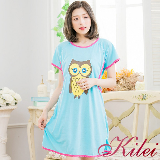 【Kilei】孕婦睡衣 月子服 貓頭鷹滾邊撞色哺乳衣孕婦短袖連身睡衣XA3501 全尺碼