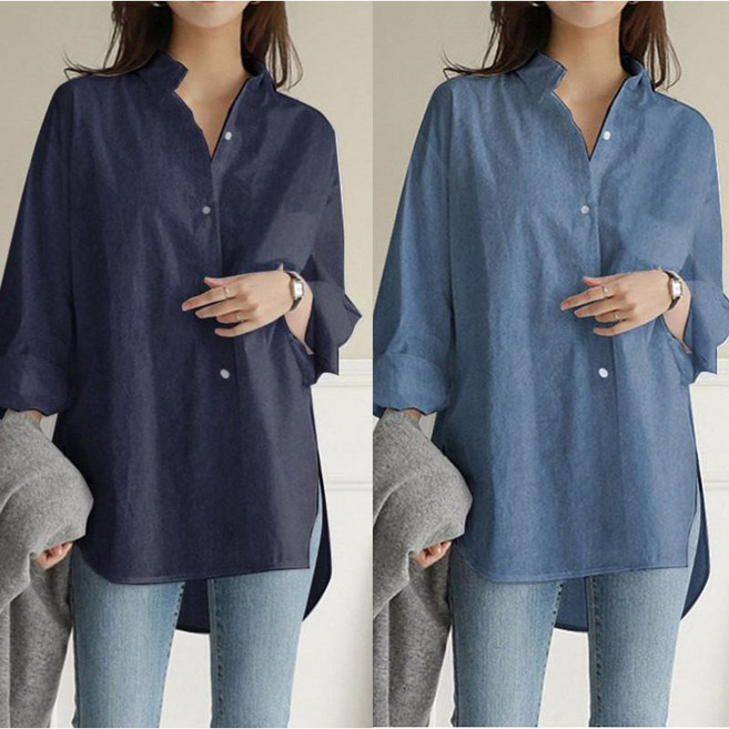 JUSTFEELING M-5XL 빅사이즈 트임 긴팔셔츠 루즈핏 데일리 여성의류 캐주얼 카라셔츠 블라우스 롱 남방