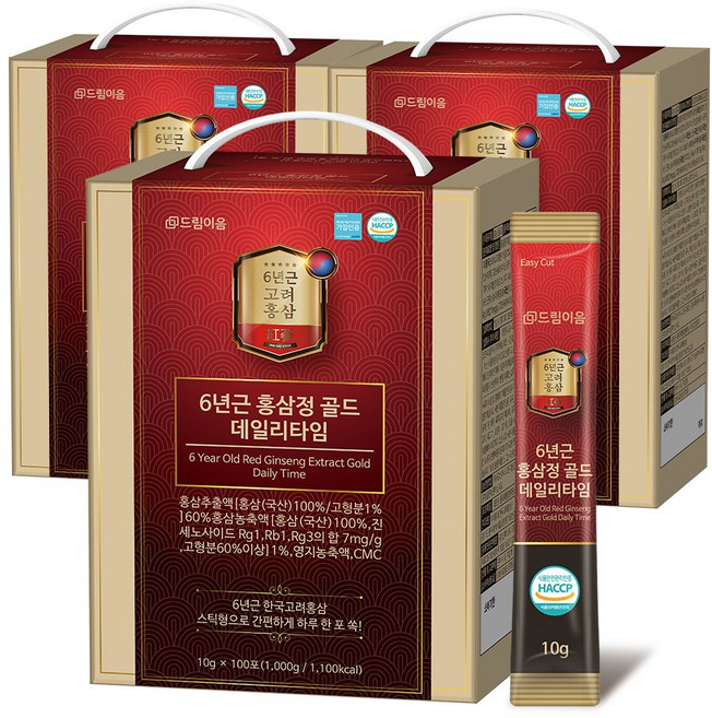 드림이음 대용량 6년근 홍삼정 골드 진액 스틱 데일리타임 10g x 100포, 3박스, 100회분