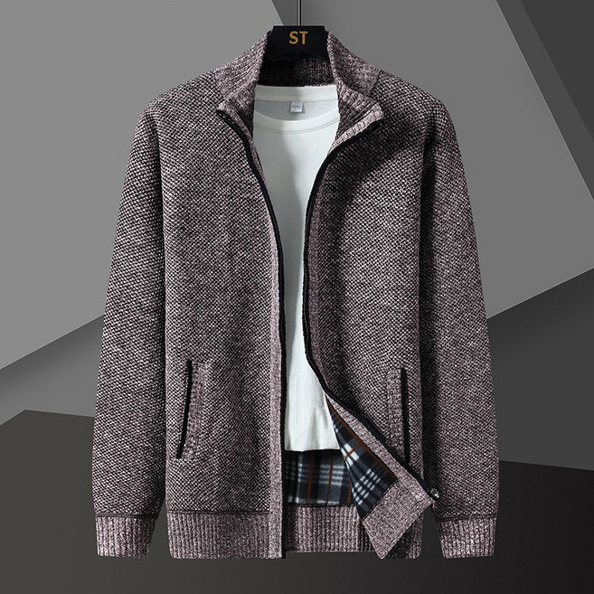 가을 겨울 스웨터 중장년 의류 남성 중간 길이 니트 기모 두꺼운 코트 가디건 골지 긴팔 스웨터