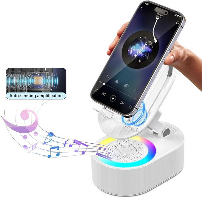 AKLLCCR 무선 인덕션 오디오 블루투스 스피커 5in1 휴대폰 홀더 비상 충전식 3000mAh 태블릿 안드로이드용 300 접이식 남성 여성용 선물 블랙, White