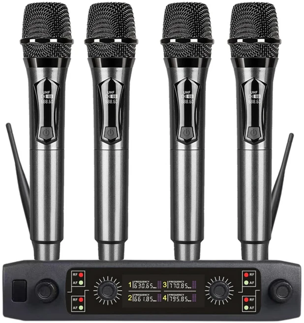 좋은 무선 마이크 UHF 고정 주파수 4 채널 파티 가라오케 전문 교회 쇼 회의를위한 휴대용 마이크 마이크, 01 4 channel US Plug