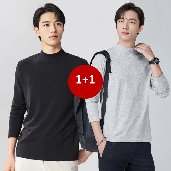 1+1 남자 간절기 얇은 기본 긴팔면티 무지 레이어드 스판 반목 폴라티 티셔츠