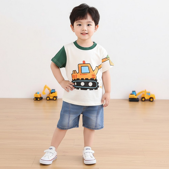 몽실이 컬러포크레인 반팔상하복 아동 반팔 상하세트 유아 여름 코디 키즈 캐릭터 상하복 여름 상하복 데님 반바지 세트 어린이 데일리룩 등원룩