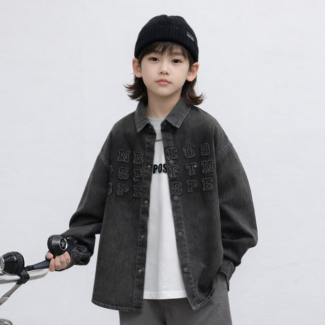 지디오 주니어 남아 청 남방 흑청 블랙 데님 자켓 빈티지 레터링 스티치 간절기 아우터