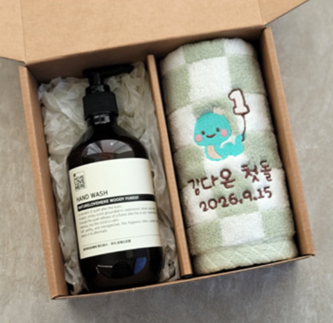 [스티커 자수 제작 끈박스 완포장 답례품] [러브메레 비건 브라운 핸드워시 + 40수 코마사 주방타올 세트] 개인 단체 기관 행사 선물 추천, 1세트, 40수 코마사 선염 주방타올(그린)