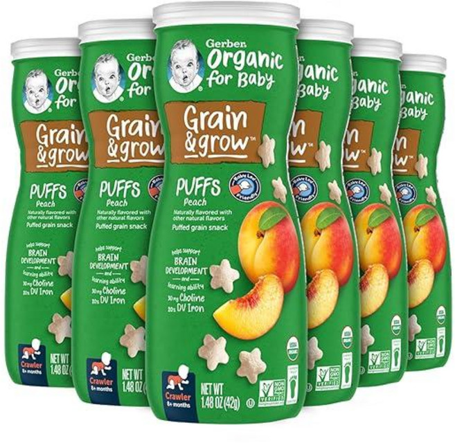 Gerber 베이비 스낵 유기농 퍼프 딸기 이유식 42g(1.5온스) (6팩), 42g, 6개, 복숭아