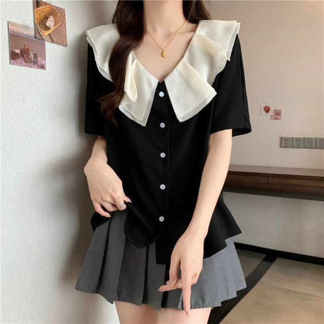 COSYEVNO 여성 반팔 셔츠 빅카라넥 프릴 패션 캐주얼 여름 상의