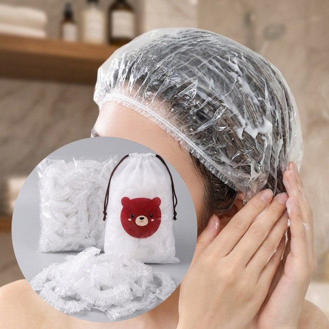 샤워 헤어캡 일회용 비닐캡 샤워 모자 머리 비닐 파마 헤어팩, 100개, 투명(42cm)