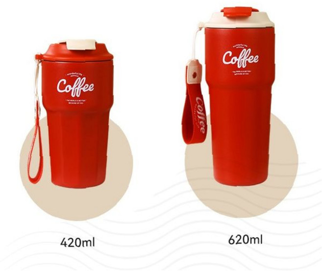 커피텀블러 손목스트랩 이중진공 보온보냉 스텐레스 휴대용 콜드컵 텀블러, 커피 텀블러 420ml-레드화이트, 1개, 420ml