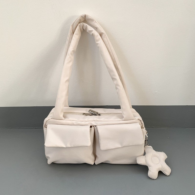 通勤包 單肩包 側揹包 簡約大容量 雲朵包 波士頓包 手提單肩包女, 米白