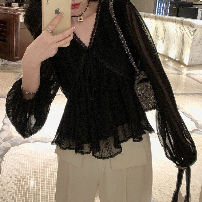 봄과 여름 새로운 우아한 부드러운 레이스 탑 여성용 쉬폰 셔츠