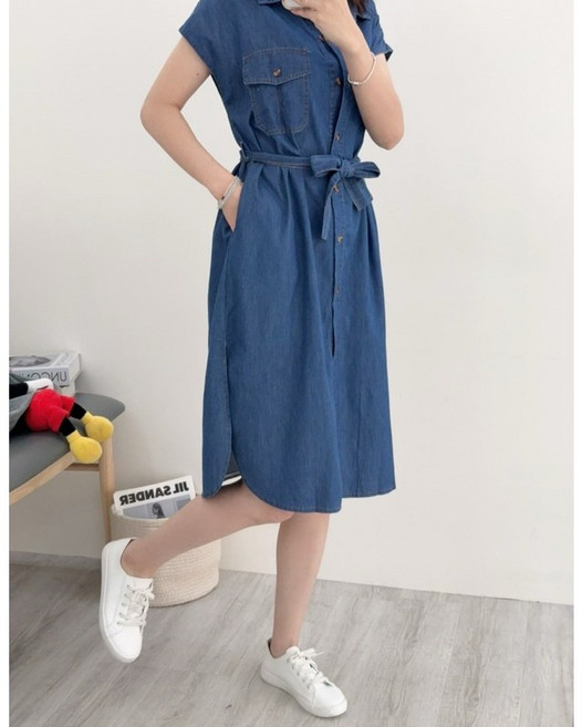 腰綁帶牛仔襯衫洋裝 經典襯衫領 可調式綁帶腰封