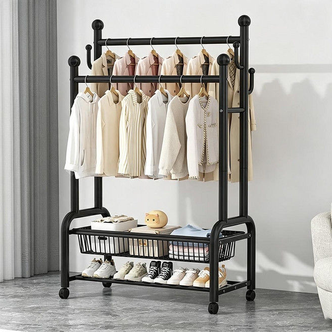 速發3日內 雙桿晾衣架 32管徑 衣帽架 升級晾衣架 落地衣架 不鏽鋼衣櫃 衣架 帽架 曬衣架 晾衣杆 掛衣服架子 簡易衣帽架 吊衣架置物架, 黑色32管