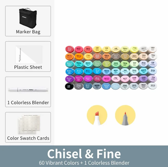 오후 60색 마카펜 세트 알코올 듀얼팁 펠트펜 스케칭 드로잉 그래피티 만화 학교 미술용품, 01 빠른, 01 Fine Chisel 60 CLR