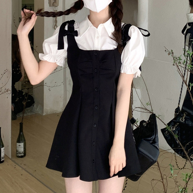 cammello 걸리쉬 화이트 반팔 셔츠 + 뷔스티에 미니 원피스 세트 프레피룩 셋업